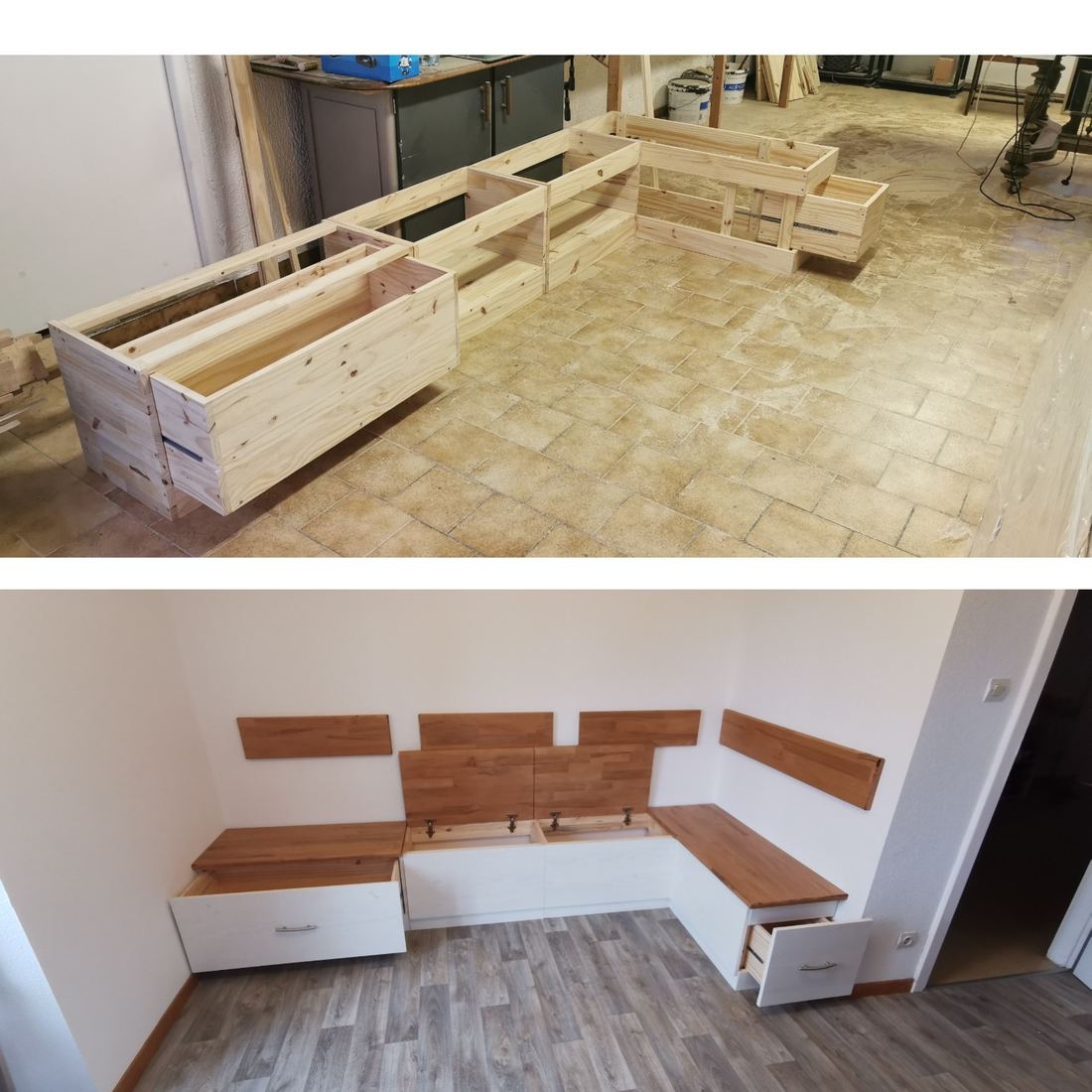 Banquette de cuisine sur mesure, avant/après